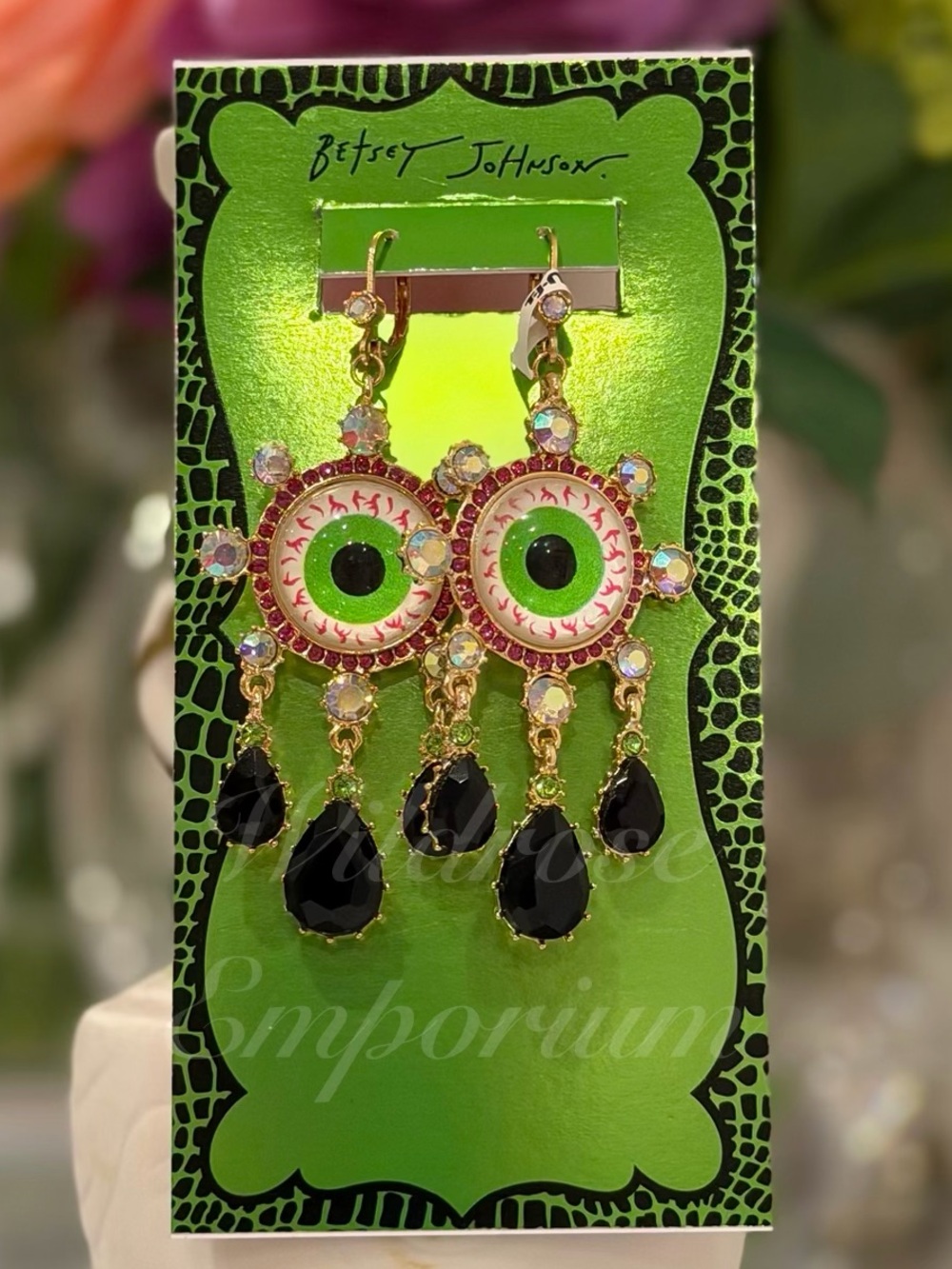 BETSEY JOHNSON DANGLE DROP EVIL EYE EARRINGS BLACK CRYSTAL TEARS HALLOWEEN NWT - Picture 5 of 10